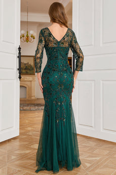 Dark Green Long Sleeves Beading Formal Dress