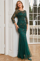 Load image into Gallery viewer, Dark Green Long Sleeves Beading Formal Dress
