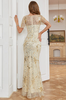 Sparkly V-Neck Golden Sequins Long Formal Dress