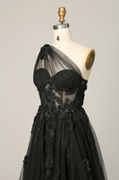 Load image into Gallery viewer, A Line One Shoulder Black Long Formal Dress with Appliques