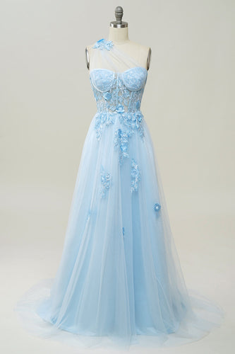 A Line One Shoulder Sky Blue Long Formal Dress with Appliques