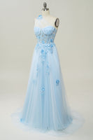 Load image into Gallery viewer, A Line One Shoulder Sky Blue Long Formal Dress with Appliques