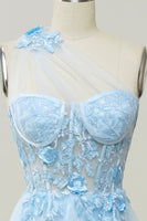 Load image into Gallery viewer, A Line One Shoulder Sky Blue Long Formal Dress with Appliques