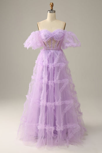 A Line Off the Shoulder Light Blue Tulle Corset Formal Dress with Bowknot