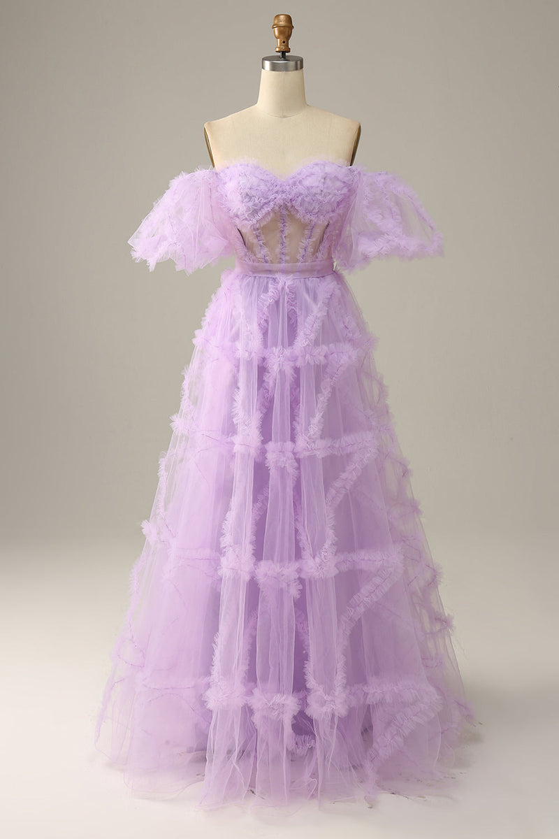 Load image into Gallery viewer, A Line Off the Shoulder Light Blue Tulle Corset Formal Dress with Bowknot