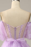 Load image into Gallery viewer, A Line Off the Shoulder Light Blue Tulle Corset Formal Dress with Bowknot