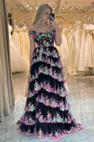 Load image into Gallery viewer, Sparkly Black Pink Tiered A-Line Long Formal Dress with Lace