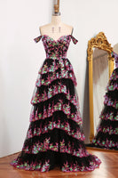 Load image into Gallery viewer, Sparkly Black Pink Tiered A-Line Long Formal Dress with Lace