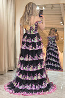 Load image into Gallery viewer, Sparkly Black Pink Tiered A-Line Long Formal Dress with Lace