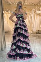 Load image into Gallery viewer, Sparkly Black Pink Tiered A-Line Long Formal Dress with Lace