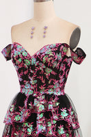 Load image into Gallery viewer, Sparkly Black Pink Tiered A-Line Long Formal Dress with Lace