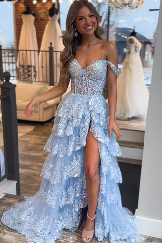 Blue Corset Tiered Lace Formal Dress with Slit