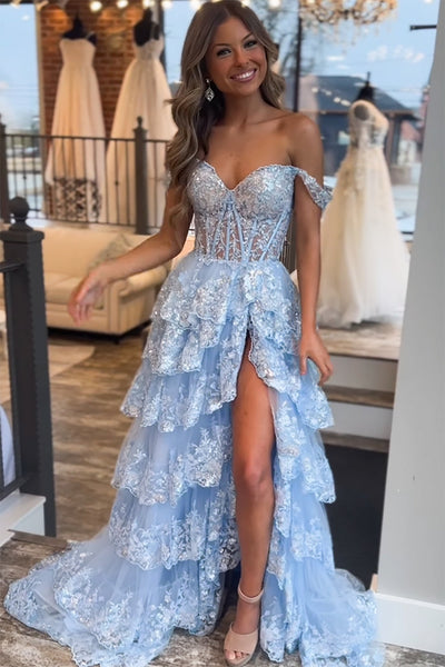 Blue Corset Tiered Lace Formal Dress with Slit