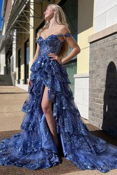 Dark Blue Off The Shoulder Tiered Formal Dress