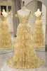 Load image into Gallery viewer, Glitter Golden Tiered A-Line Long Formal Dress with Lace