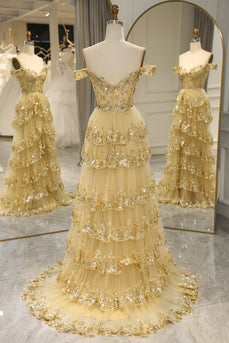 Glitter Golden Tiered A-Line Long Formal Dress with Lace