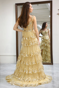 Sparkly Golden Tiered A-Line Long Formal Dress with Lace