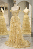 Load image into Gallery viewer, Glitter Golden Tiered A-Line Long Formal Dress with Lace