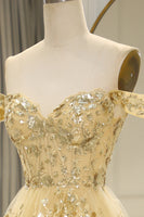 Load image into Gallery viewer, Glitter Golden Tiered A-Line Long Formal Dress with Lace