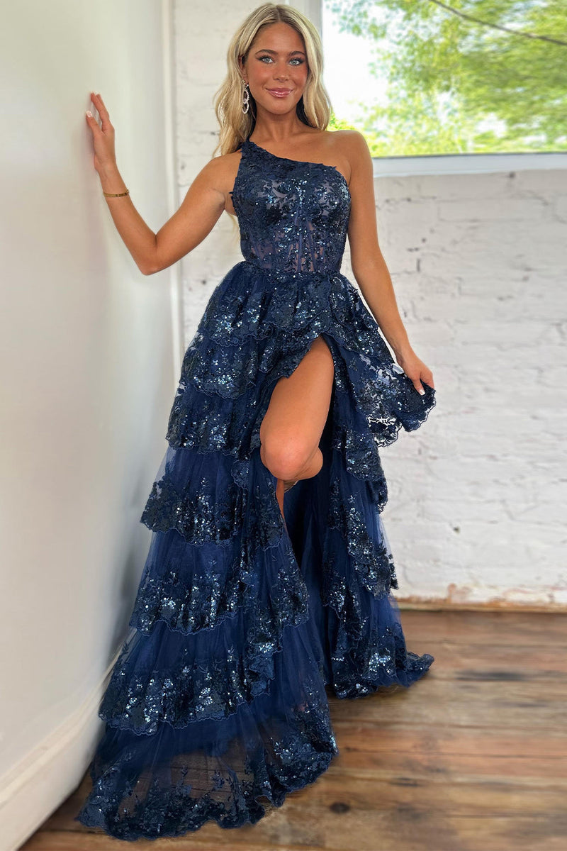Load image into Gallery viewer, Sparkly Black One Shoulder Tiered Lace Long Formal Dress with Slit