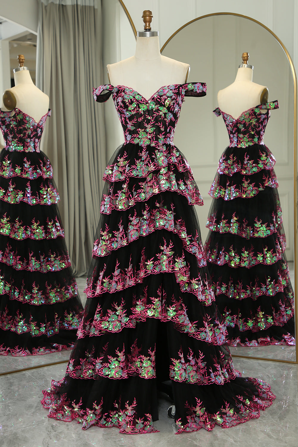 Glitter Black Pink A-Line Tiered Long Formal Dress With Lace