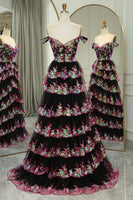 Load image into Gallery viewer, Glitter Black Pink A-Line Tiered Long Formal Dress With Lace
