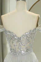 Load image into Gallery viewer, Sparkly Silver A-Line Long Corset Tiered Formal Dress With Lace