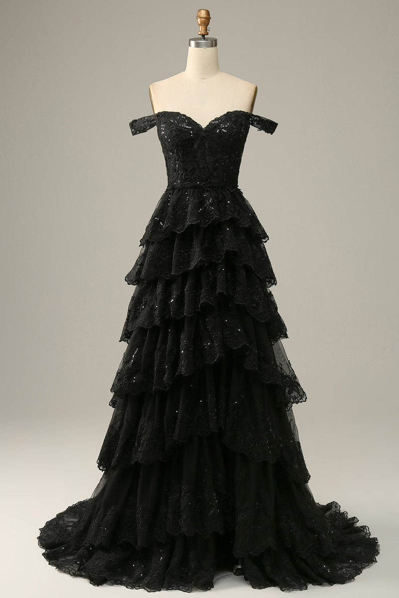 Load image into Gallery viewer, Sparkly Black Off The Shoulder Tiered Corset Formal Dress