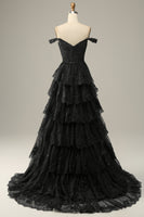 Load image into Gallery viewer, Sparkly Black Off The Shoulder Tiered Corset Formal Dress
