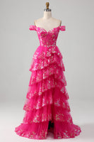 Load image into Gallery viewer, Off The Shoulder Fuchsia Prom Dress with Sequins