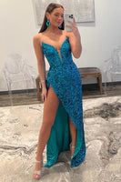 Load image into Gallery viewer, Blue Strapless Sequin Formal Dress with Slit