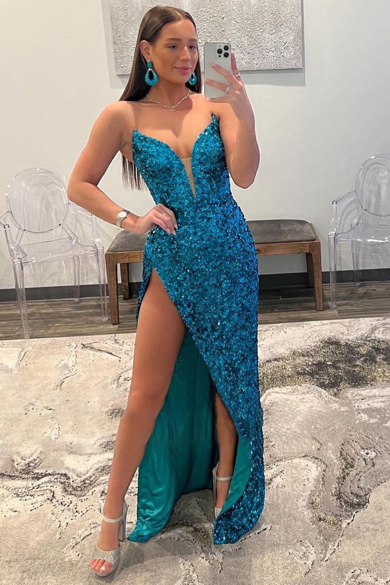 Load image into Gallery viewer, Blue Strapless Sequin Formal Dress with Slit