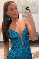 Load image into Gallery viewer, Blue Strapless Sequin Formal Dress with Slit