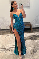 Load image into Gallery viewer, Blue Strapless Sequin Formal Dress with Slit