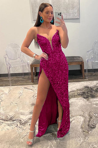 Hot Pink Strapless Sequin Formal Dress with Slit