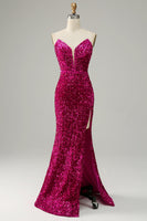Load image into Gallery viewer, Hot Pink Strapless Sequin Formal Dress with Slit