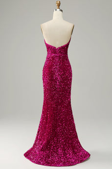 Hot Pink Strapless Sequin Formal Dress with Slit
