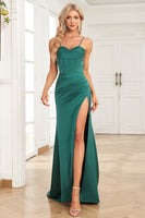 Load image into Gallery viewer, Spaghetti Straps Dark Green Satin Corset Formal Dress with Ruffles