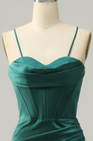 Load image into Gallery viewer, Spaghetti Straps Dark Green Satin Corset Formal Dress