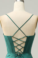 Load image into Gallery viewer, Spaghetti Straps Dark Green Satin Corset Formal Dress