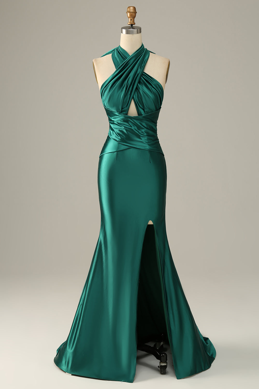 Dark Green Halter Convertible Lace Up Mermaid Formal Bridesmaid Dress With Slit