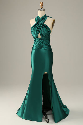Dark Green Halter Convertible Lace Up Mermaid Formal Bridesmaid Dress With Slit