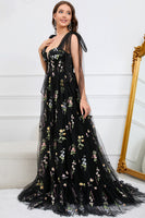 Load image into Gallery viewer, A-Line Tulle Spaghetti Straps Black Long Formal Dress with Embroidery