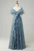 Load image into Gallery viewer, A-Line V-Neck Spaghetti Straps Embroidery Black Long Formal Dress with Slit