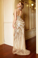 Load image into Gallery viewer, Luxurious Mermaid Deep V Neck Golden Long Formal Dress with Slit