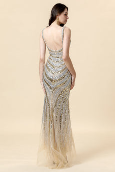 Sheath Deep V Neck Golden Beaded Evening Wear with Slit