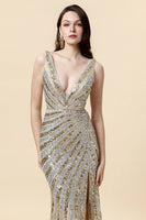 Load image into Gallery viewer, Sheath Deep V Neck Golden Beaded Evening Wear with Slit