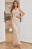 Load image into Gallery viewer, Sheath V Neck Light Khaki Formal Dress with Beading