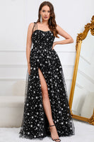 Load image into Gallery viewer, Tulle A-Line Spaghetti Straps Black Long Formal Dress with Stars
