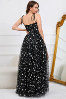 Load image into Gallery viewer, Tulle A-Line Spaghetti Straps Black Long Formal Dress with Stars